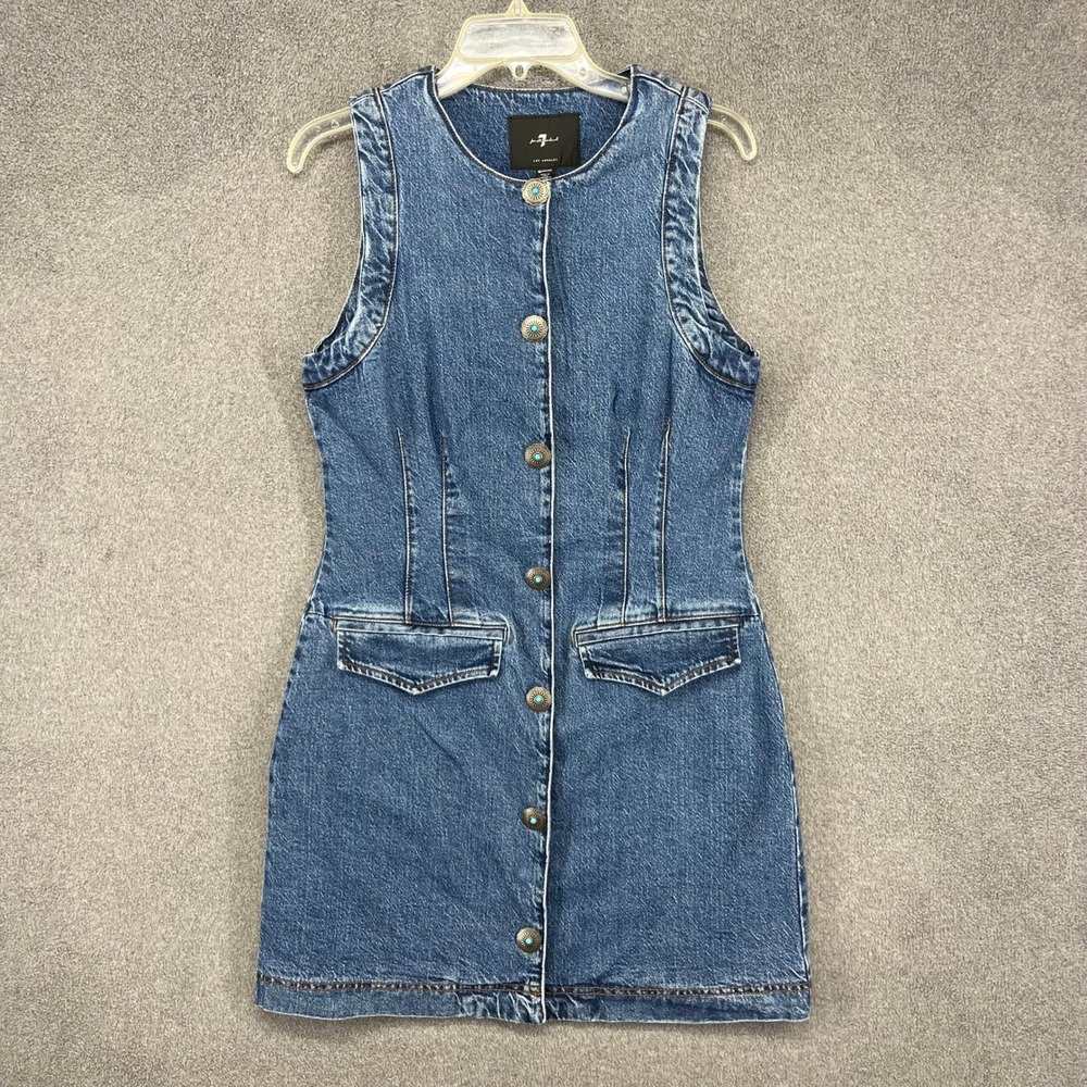 7 For All Mankind Denim Dress Womens 10 Blue Concho Button Western Mini NEW